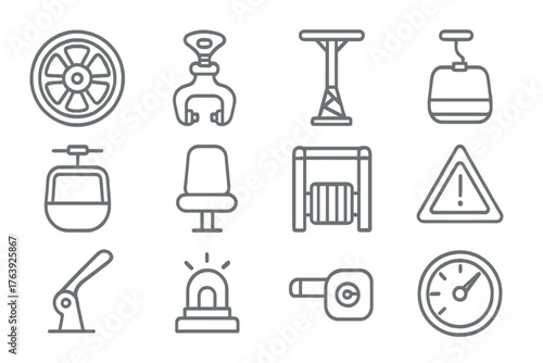Lift System Icons. Line style round icons of lift system parts: cable wheel, clamp, tower base, grip bar; gondola cabin, seat