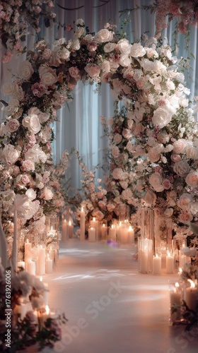 Beautiful Floral Arch With Candles Illuminated in a Wedding Venue During Daytime