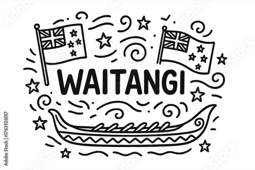 Waitangi Day Celebration. Doodle new zealand waitangi day with flags, canoes, and stars, center word “Waitangi” in black and white
