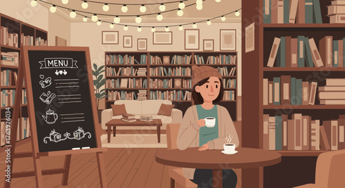 Charming library cafe ambiance with book-lined shelves and relaxed patrons sipping coffee