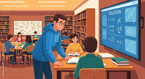 Engaging mathematics classroom environment with teacher assisting students learning solution