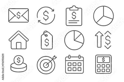 Budgeting Line Icons. Line style round icons of monthly budgeting: envelope method, recurring expense, bill tracker, category