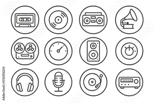 Vintage Audio Icons. Line style round icons of vintage audio: cassette tape, vinyl record, boombox, gramophone; reel-to-reel,