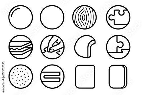 Tactile Puzzle Icons. Line style round icons of tactile pieces: glossy piece, matte piece, wood grain, thick tab; cardboard layer,