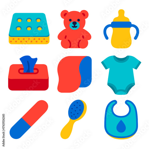 Bright Baby Care Icons. Flat vector icons of baby care: breathable crib mattress, plush sleep companion, bottle handle grips.