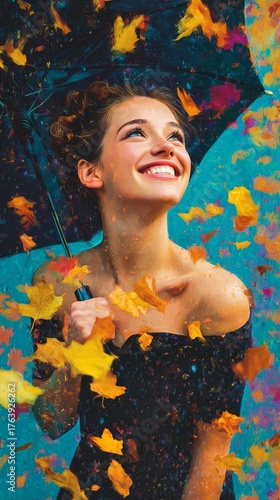 Woman Enjoying Autumn Leaves While Holding a Colorful Umbrella During a Brigh...