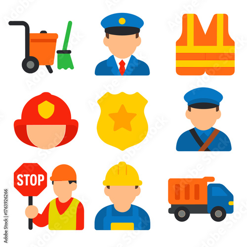 City Service Icons. Flat vector icons of city services and workers: street cleaner cart, public transit driver icon, community