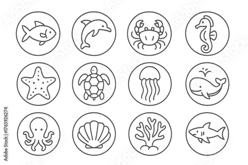 Sea Life Line Icons. Line style round icons of sea life: fish, dolphin, crab, seahorse; starfish, turtle, jellyfish, whale;