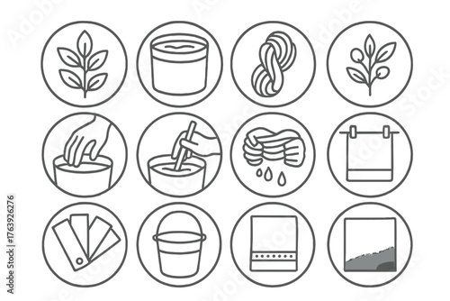 Natural Dyeing Icons. Line style round icons of natural dyeing: indigo leaf, dye vat, fiber, plant pigment; soak, stir, squeeze,