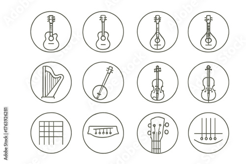 String Instrument Icons. Line style round icons of string instruments: guitar, bass, ukulele, mandolin; harp, banjo, violin, cello