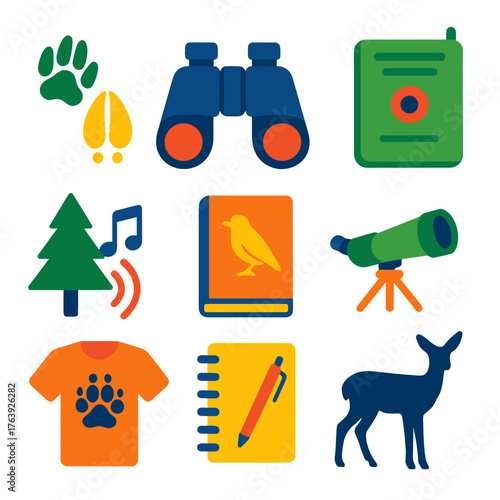 Wildlife Observation Icons. Flat vector icons of wildlife observation: animal tracks icon, birdwatching binoculars, field