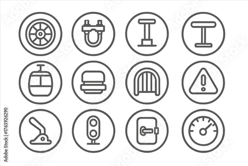 Lift System Icons. Line style round icons of lift system parts: cable wheel, clamp, tower base, grip bar; gondola cabin, seat
