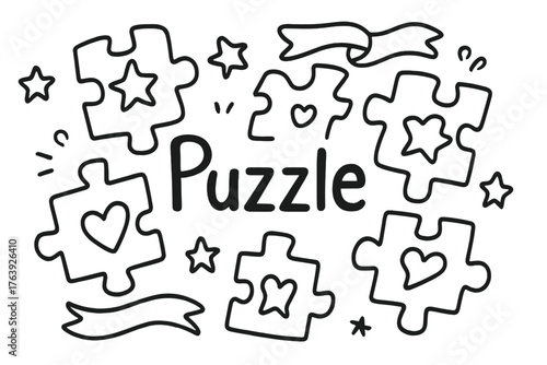 Doodle Puzzle Artistry. Doodle puzzle pieces with stars, hearts, and ribbons, center word “Puzzle” in black and white isolated