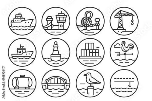 Harbor Scene Icons. Line style round icons of harbor scenes: docked ship, control tower, moored rope, crane; pilot boat, buoy,
