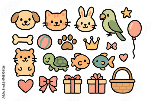 Cute Pets Doodle. Cute pets doodle icon set: hand drawn icons of smiling puppy, kitten, rabbit, parrot, hamster, turtle, fish,