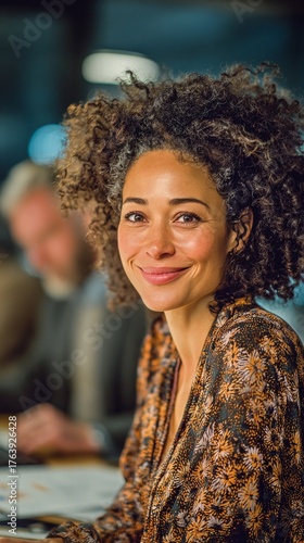 Woman Smiling Warmly in a Meeting Room During a Collaborative Discussion