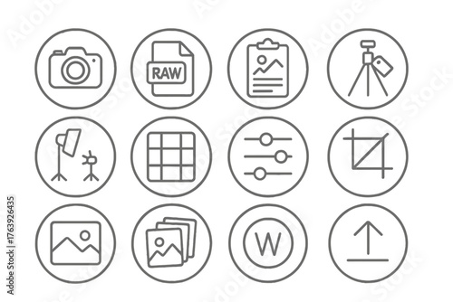 Photography Workflow Icons. Line style round icons of photography workflow: camera icon, RAW file, shoot plan, tripod tag; light