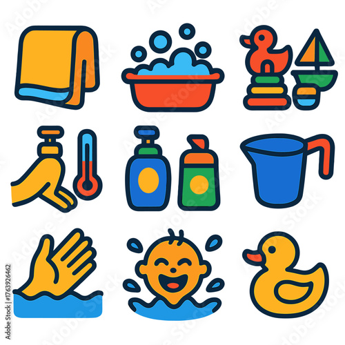 Baby Bath Time Icons. Flat vector icons of baby bath and water play: soft baby towel icon, baby tub with bubbles, bath toy set,