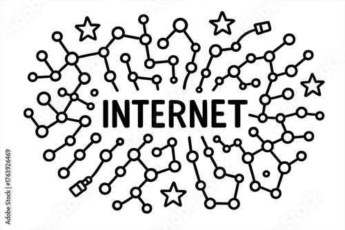 Doodle Internet Design. Doodle internet with stars, nodes, and cables, center word “Internet” in black and white isolated
