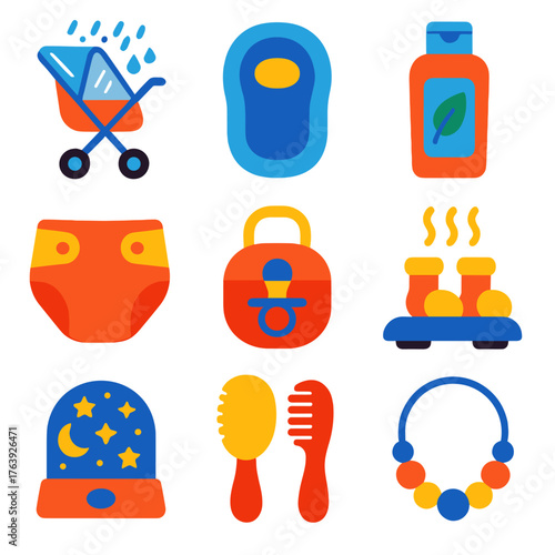 Vibrant Baby Care Icons. Flat vector icons of baby care: stroller rain cover, baby sleep nest, organic baby lotion. Reusable cloth