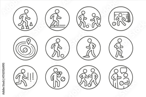 Football Training Icons. Line style round icons of football training: cone drill, ladder run, passing practice, shooting drill;