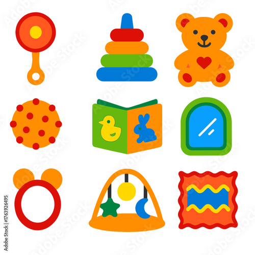 Colorful Baby Toys Icons. Flat vector icons of early development toys: rattle icon, stacking rings, plush bear toy, sensory ball,
