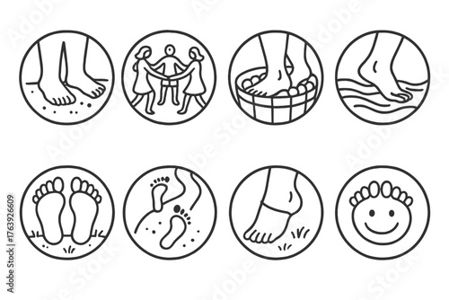 Barefoot Ritual Icons. Line style round icons of barefoot rituals: feet, circle dance, grape stomp, river wade; earth ground,