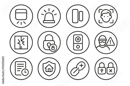 Smart Security Icons. Line style round icons of smart security devices: motion detector, smart alarm, door sensor, face
