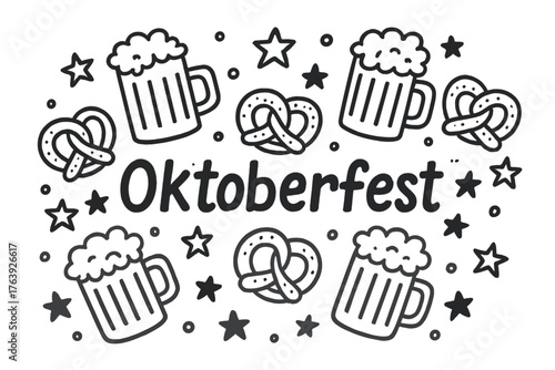 Oktoberfest Doodle Art. Doodle german oktoberfest with beer mugs, pretzels, and stars, center word “Oktoberfest” in black and
