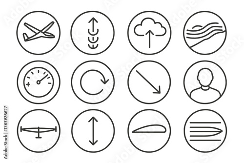 Soaring Flight Icons. Line style round icons of soaring flight: glider, thermal column, cloud lift, ridge lift; vario gauge,