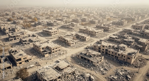 Aerial view of destroyed city buildings in dusty war zone