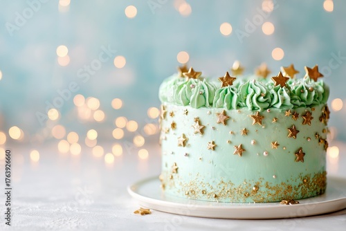 Beautiful Mint Green Cake With Decorative Stars and Festive Lights in the Bac...