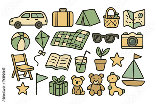 Family Holiday Icons. Family holiday doodle icon set: hand drawn icons of car, suitcase, tent, picnic basket, map, ball, kite,