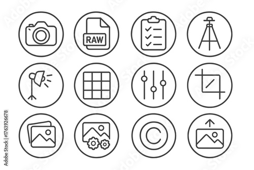 Photography Workflow Icons. Line style round icons of photography workflow: camera icon, RAW file, shoot plan, tripod tag; light