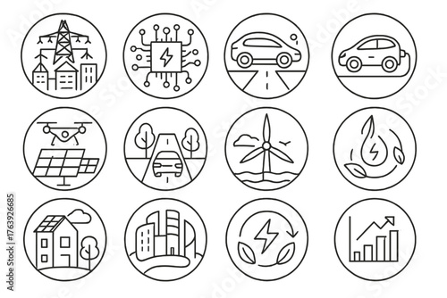 Future Tech Icons. Line style round icons of future technology: smart grid, AI energy system, electric transport, solar road;