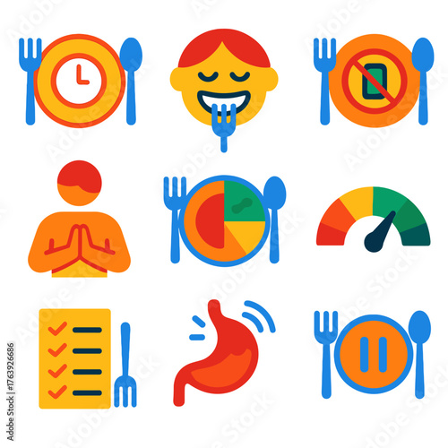 Mindful Eating Icons. Flat vector icons of mindful eating practices: slow eating icon, chew well symbol, no distractions plate,