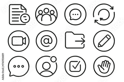 Collaboration Tool Icons. Line style round icons of collaboration tools: shared document, group avatar, chat bubble, sync icon;