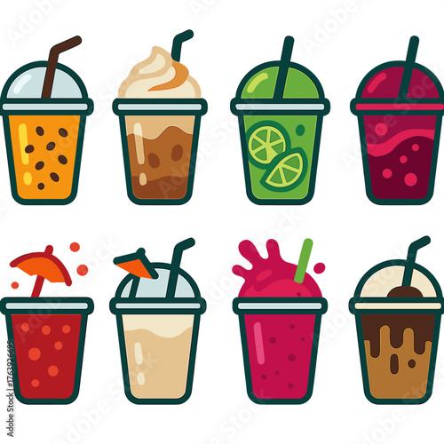 Vibrant Drink Icons. Flat vector icons of drink plastic cup with straw: orange passion tea with pulp details, creamy iced caramel