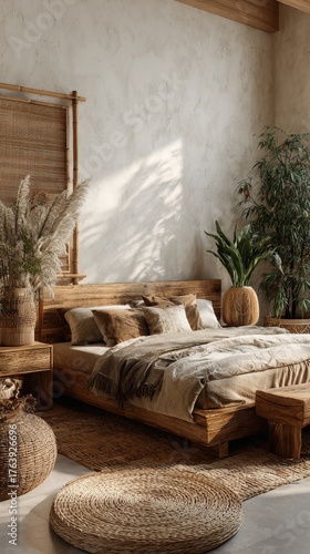 Cozy Natural Bedroom Design With Wooden Furniture and Plants in Warm Sunlight
