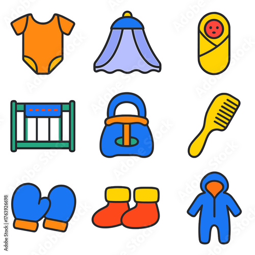 Colorful Baby Care Icons. Flat vector icons of baby care: baby bodysuit, mosquito net for crib, swaddle wrap. Crib rail teether