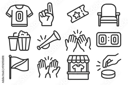 Fan Experience Icons. Line style round icons of fan experience: jersey, foam finger, ticket, arena seat; snack, horn, chant,