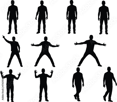 Silhouettes of human gestures and walking poses, expressive postures, flat vector, isolated, cad drawing
