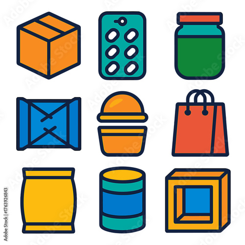Bold Retail Packaging Icons. Flat vector icons of retail packaging types: cardboard box icon, plastic blister pack, glass jar with