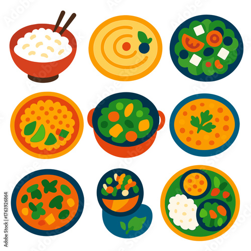 Diverse Food Icons. Flat vector icons of cultural diversity in healthy eating: Asian rice bowl, Middle Eastern hummus plate,