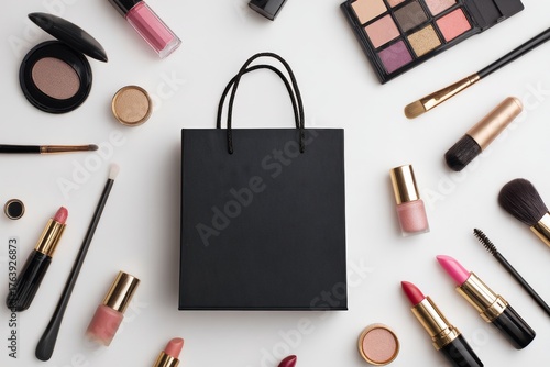 Beauty Products Arranged Around a Black Bag on a White Surface in Daylight