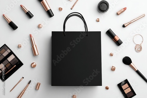 Beauty Products Arranged Around a Black Bag on a White Surface in Daylight