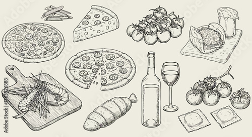 Hand-drawn italian cuisine collection with pizza, tomatoes, and wine