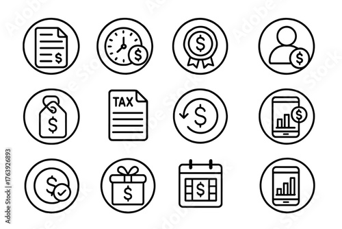 Payroll Management Icons. Line style round icons of payroll management: payslip icon, hourly rate, salary badge, employee payment;