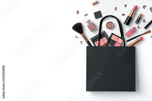 Stylish Black Shopping Bag Filled With Makeup Products for Beauty Enthusiasts...