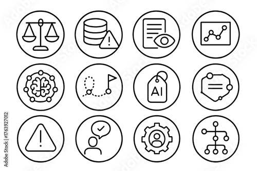 AI Ethics Icons. Line style round icons of AI ethics and safety: fairness scale, data bias alert, transparency icon,